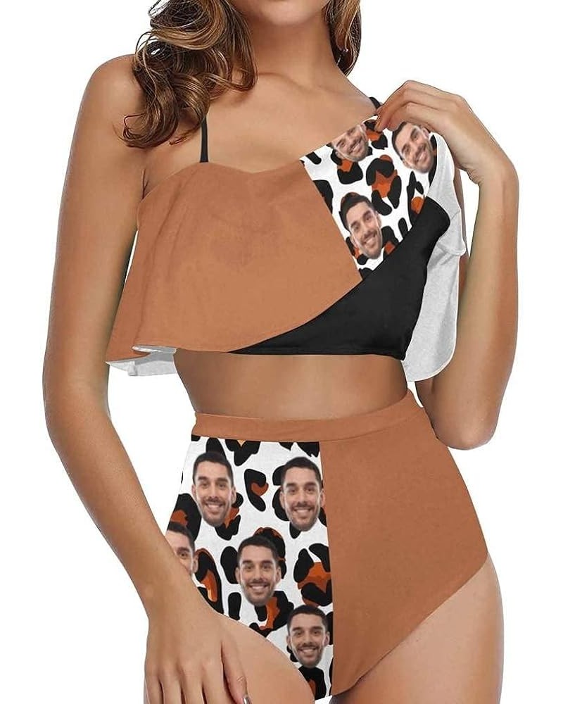 Women Customized Faces Two Piece Swimsuit Shoulder Ruffle Bathing Suits Personalized Printing Bikini Set Brown Leopard $15.50...