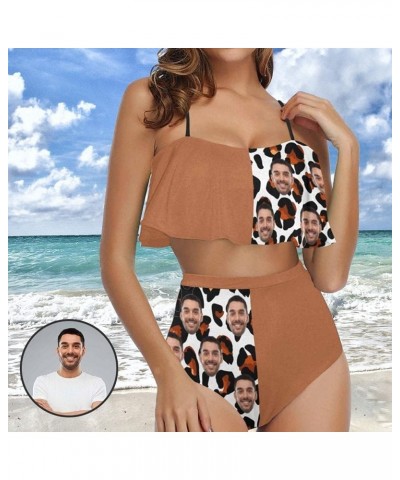 Women Customized Faces Two Piece Swimsuit Shoulder Ruffle Bathing Suits Personalized Printing Bikini Set Brown Leopard $15.50...