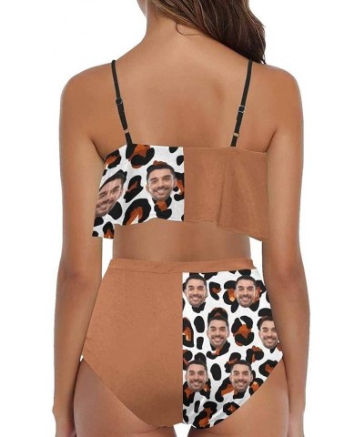 Women Customized Faces Two Piece Swimsuit Shoulder Ruffle Bathing Suits Personalized Printing Bikini Set Brown Leopard $15.50...