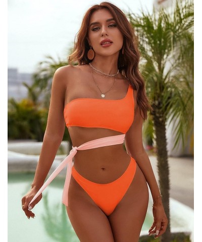 Womens High Waisted Bikini High Neck Two Piece Swimsuit Cross Back High Cut Bikini Orange $12.50 Swimsuits