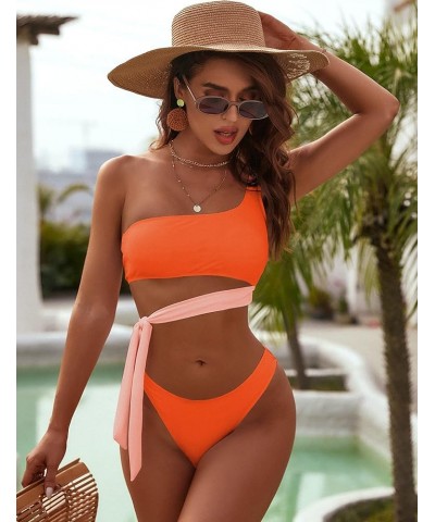 Womens High Waisted Bikini High Neck Two Piece Swimsuit Cross Back High Cut Bikini Orange $12.50 Swimsuits