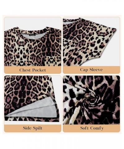 Women's Summer Tops 2024 Casual Cap Sleeve Side Slit T Shirts Loose Fit Basic Tees with Pockets Leopard $10.59 Tops