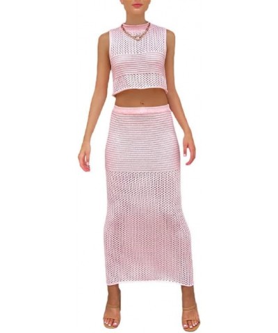 Women 2 Piece Maxi Skirt Set Sleeveless Tube Crop Top High Waist Bodycon Wrapped Long Skirt Suits Sexy 2Pcs Outfits Pink-2 $1...