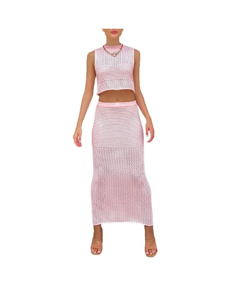 Women 2 Piece Maxi Skirt Set Sleeveless Tube Crop Top High Waist Bodycon Wrapped Long Skirt Suits Sexy 2Pcs Outfits Pink-2 $1...