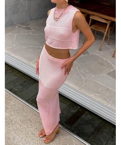 Women 2 Piece Maxi Skirt Set Sleeveless Tube Crop Top High Waist Bodycon Wrapped Long Skirt Suits Sexy 2Pcs Outfits Pink-2 $1...