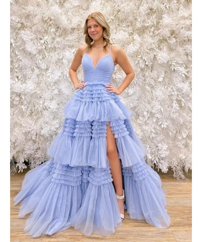 Tiered Tulle Prom Dresses Long Ruffles Ball Gowns Glitter Formal Evening Party Gowns with Slit Lavender $54.05 Dresses