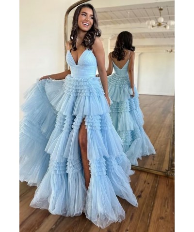 Tiered Tulle Prom Dresses Long Ruffles Ball Gowns Glitter Formal Evening Party Gowns with Slit Lavender $54.05 Dresses