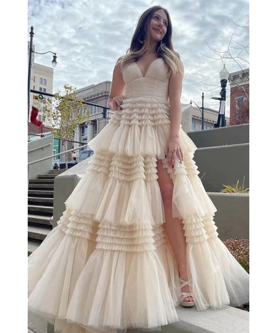 Tiered Tulle Prom Dresses Long Ruffles Ball Gowns Glitter Formal Evening Party Gowns with Slit Lavender $54.05 Dresses