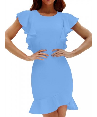 Women's Summer Dresses Casual Solid Flutter Sleeve Bodycon Dress Ruffle Hem Crewneck Dress Womens Dresses with Zipper Light B...