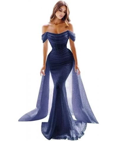 Sparkly Sequin Mermaid Prom Dresses for Women Long Off Shoulder Formal Evening Party Gown with Detachable Train Navy Blue $43...