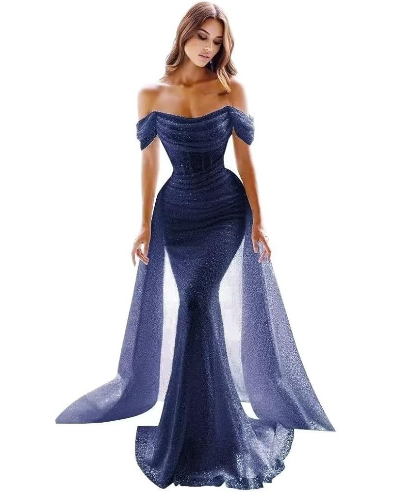 Sparkly Sequin Mermaid Prom Dresses for Women Long Off Shoulder Formal Evening Party Gown with Detachable Train Navy Blue $43...