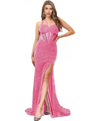 Sequin Halter Long Prom Dresses Corset Sparkly Mermaid Formal Party Gowns Beaded Sweetheart Evening Dress with Slit Blush $41...