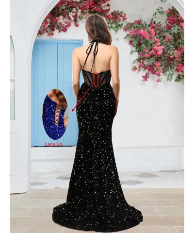 Sequin Halter Long Prom Dresses Corset Sparkly Mermaid Formal Party Gowns Beaded Sweetheart Evening Dress with Slit Blush $41...