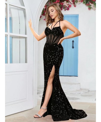 Sequin Halter Long Prom Dresses Corset Sparkly Mermaid Formal Party Gowns Beaded Sweetheart Evening Dress with Slit Blush $41...