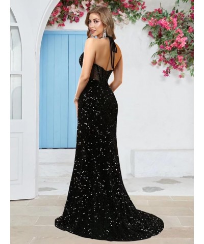 Sequin Halter Long Prom Dresses Corset Sparkly Mermaid Formal Party Gowns Beaded Sweetheart Evening Dress with Slit Blush $41...