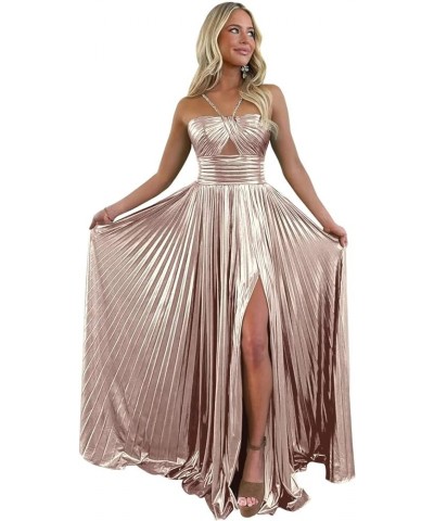 Sparkly Satin Prom Dresses Long Spaghetti Straps Keyhole with Split Formal Party Gowns Rose Gold $26.65 Dresses