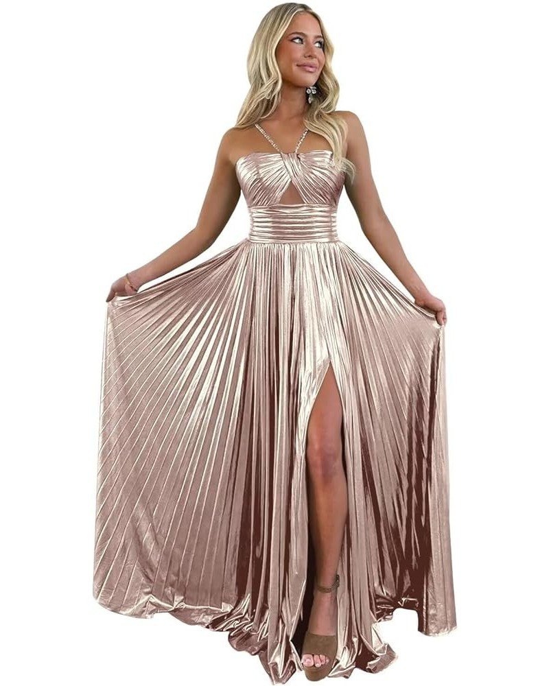 Sparkly Satin Prom Dresses Long Spaghetti Straps Keyhole with Split Formal Party Gowns Rose Gold $26.65 Dresses