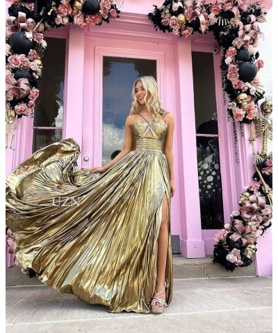 Sparkly Satin Prom Dresses Long Spaghetti Straps Keyhole with Split Formal Party Gowns Rose Gold $26.65 Dresses