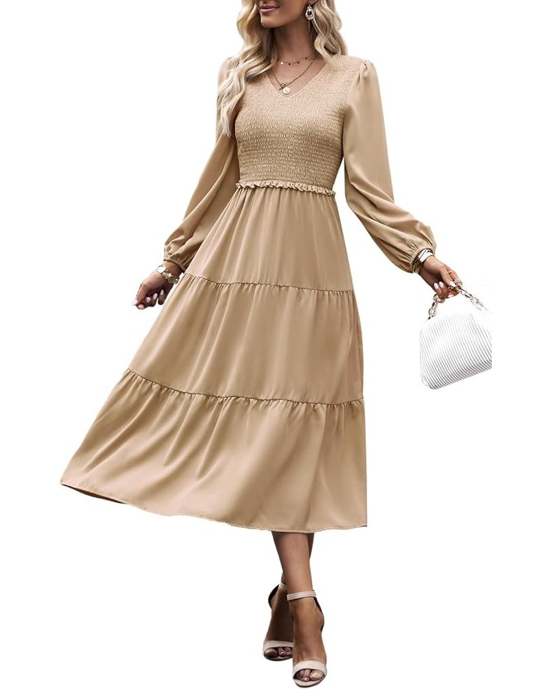 Women's 2024 Casual Long Sleeve Fall Dress Crew Neck High Waist Tiered Smocked Flowy Midi Dresses Champagne $17.83 Dresses