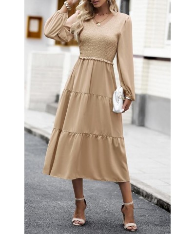 Women's 2024 Casual Long Sleeve Fall Dress Crew Neck High Waist Tiered Smocked Flowy Midi Dresses Champagne $17.83 Dresses