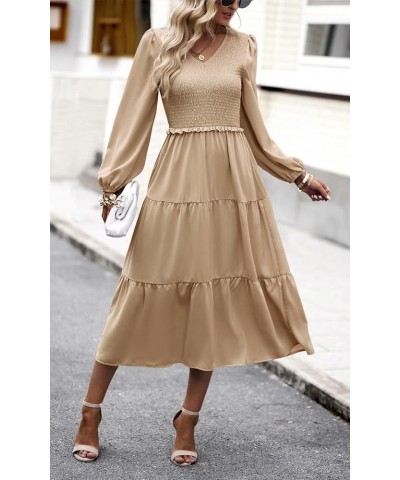 Women's 2024 Casual Long Sleeve Fall Dress Crew Neck High Waist Tiered Smocked Flowy Midi Dresses Champagne $17.83 Dresses