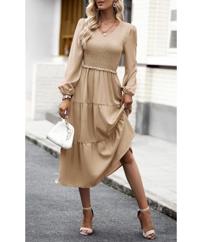 Women's 2024 Casual Long Sleeve Fall Dress Crew Neck High Waist Tiered Smocked Flowy Midi Dresses Champagne $17.83 Dresses