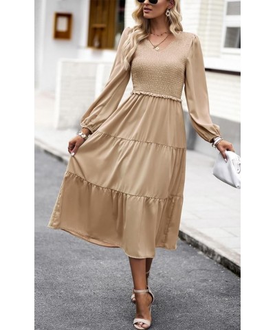 Women's 2024 Casual Long Sleeve Fall Dress Crew Neck High Waist Tiered Smocked Flowy Midi Dresses Champagne $17.83 Dresses