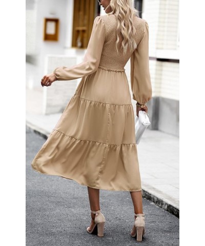 Women's 2024 Casual Long Sleeve Fall Dress Crew Neck High Waist Tiered Smocked Flowy Midi Dresses Champagne $17.83 Dresses