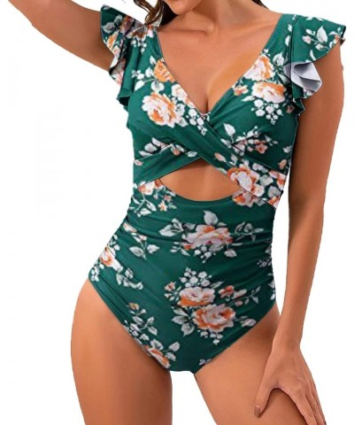 Women's One Piece Swimsuits Ruffle Crisscross Cutout High Waisted Bathing Suits Tummy Control V Neck Wrap Swimwear 03-green $...