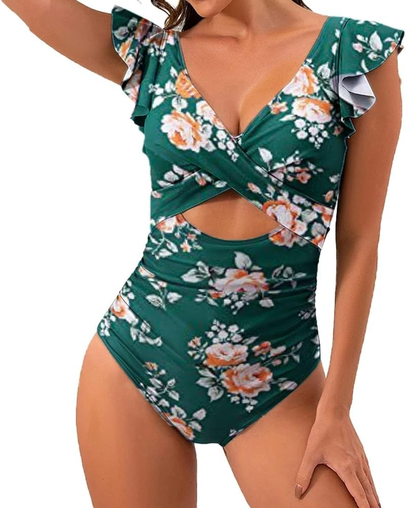 Women's One Piece Swimsuits Ruffle Crisscross Cutout High Waisted Bathing Suits Tummy Control V Neck Wrap Swimwear 03-green $...