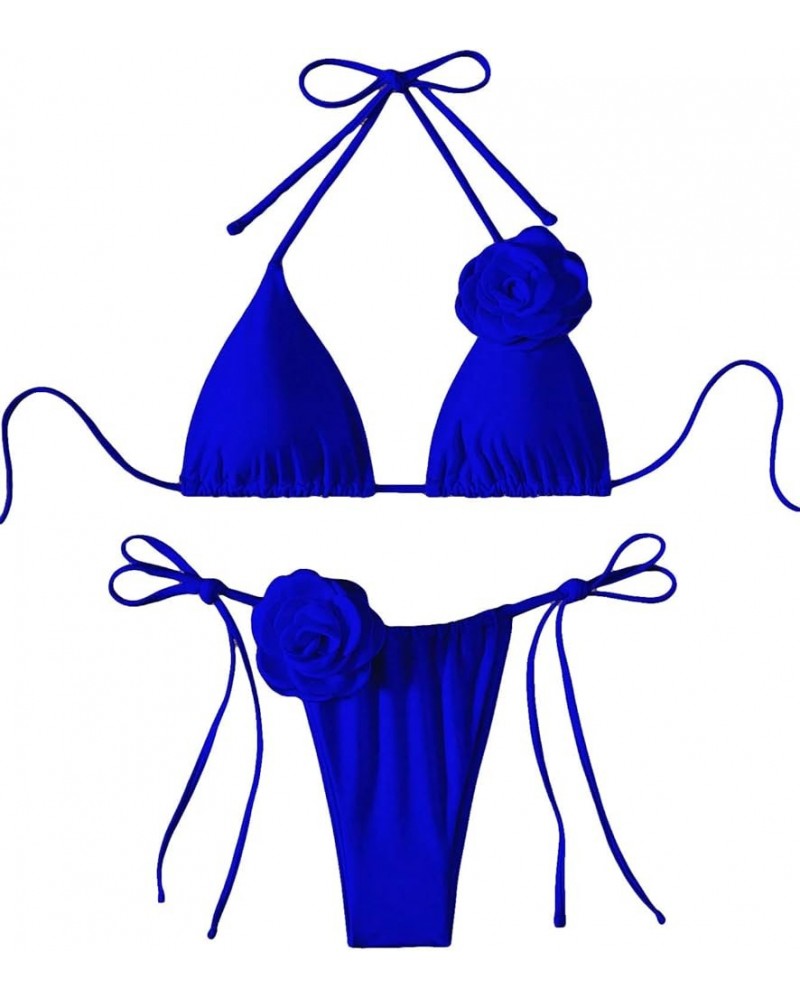 Women's Bikini Set 2 Piece Floral Appliques Tie Backless Halter Triangle Swimsuit Tie Side Bathing Suits Royal Blue $20.39 Sw...