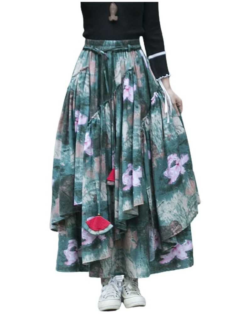 Womens Elastic Waist Aline Cotton Lined Retro Maxi Hem Pleated Long Skirts Print 3 $17.99 Skirts