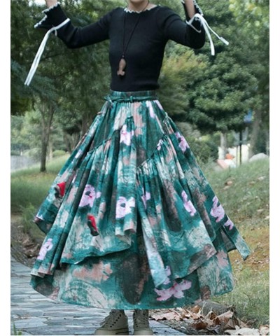 Womens Elastic Waist Aline Cotton Lined Retro Maxi Hem Pleated Long Skirts Print 3 $17.99 Skirts