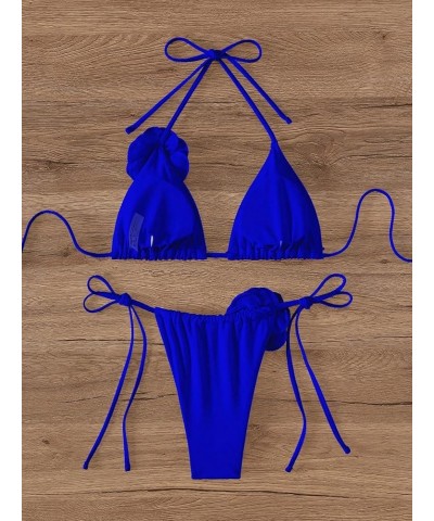 Women's Bikini Set 2 Piece Floral Appliques Tie Backless Halter Triangle Swimsuit Tie Side Bathing Suits Royal Blue $20.39 Sw...