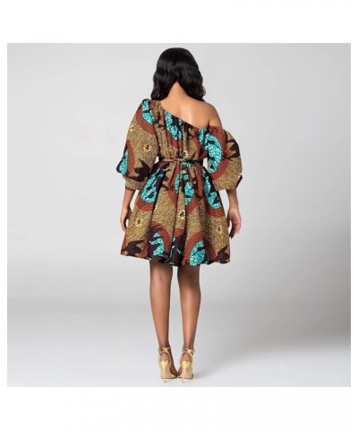 Sexy One Shoulder Oblique Neck Short Dresses Limited African Print Floral Dress Blue $15.59 Dresses