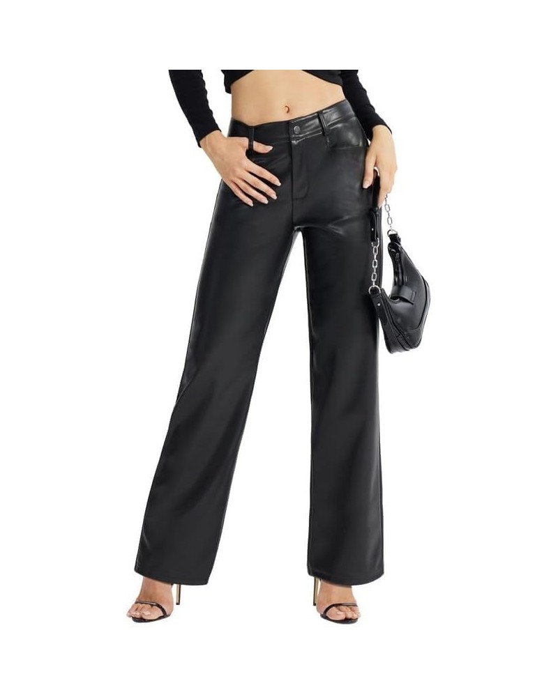 Women's Faux Leather Pants Straight Wide Leg Pants Baggy Trousers with Pockets Black $25.48 Pants