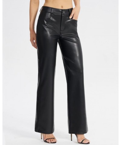 Women's Faux Leather Pants Straight Wide Leg Pants Baggy Trousers with Pockets Black $25.48 Pants