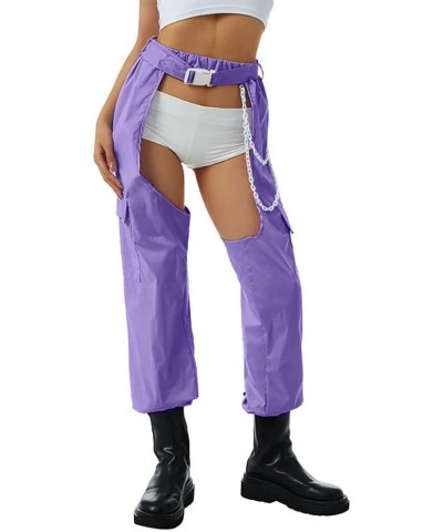 Women Fashion Cargo Pants High Rise Sweatpants Rave Reflective Pants Solid Color Color Block Purple 2 $12.46 Activewear