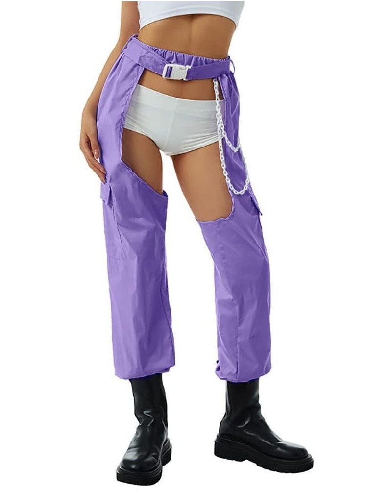 Women Fashion Cargo Pants High Rise Sweatpants Rave Reflective Pants Solid Color Color Block Purple 2 $12.46 Activewear