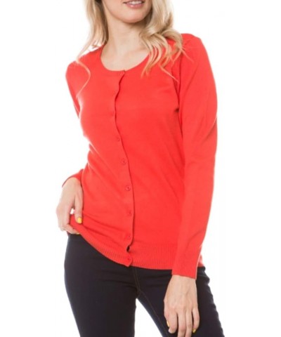 Women's Solid Basic Stretch Button Down Knit Sweater Cardigan Hot Coral $15.29 Sweaters