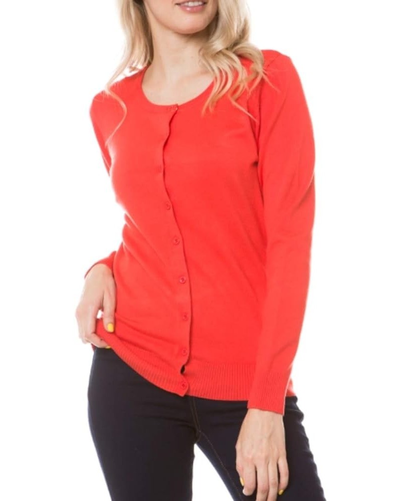 Women's Solid Basic Stretch Button Down Knit Sweater Cardigan Hot Coral $15.29 Sweaters