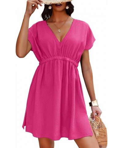 Bathing Suit Cover Ups for Women V Neck Swimsuit Cover Up Dress Bikini Beach Wear S-3XL Hot Pink $16.51 Swimsuits