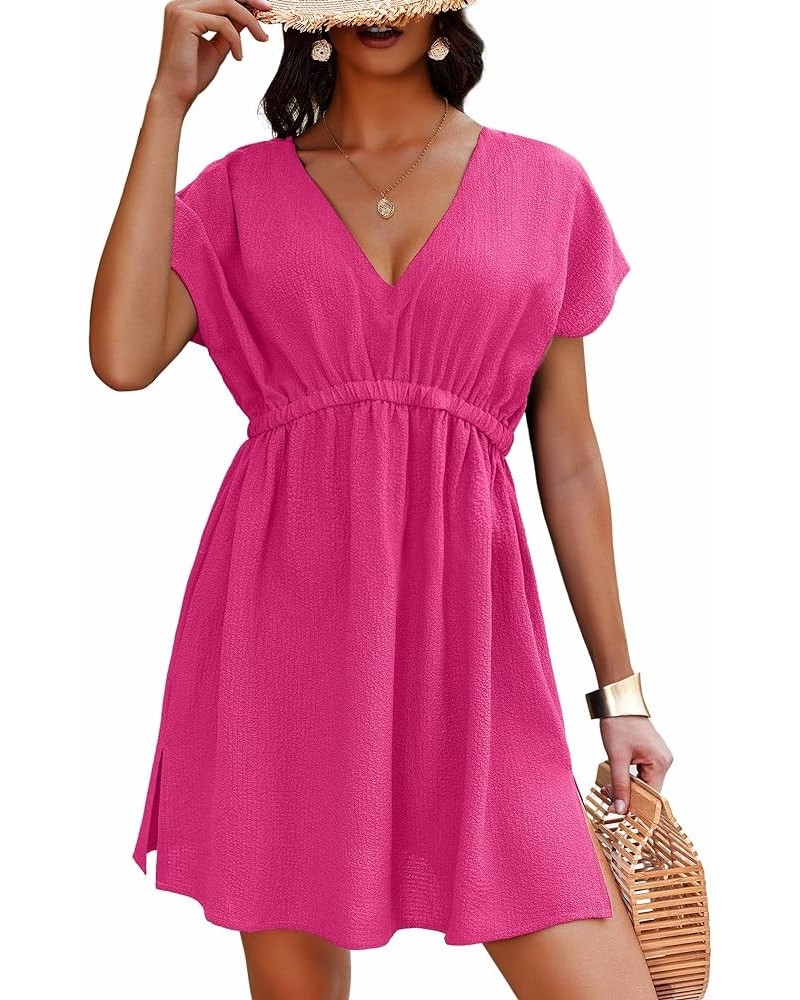 Bathing Suit Cover Ups for Women V Neck Swimsuit Cover Up Dress Bikini Beach Wear S-3XL Hot Pink $16.51 Swimsuits