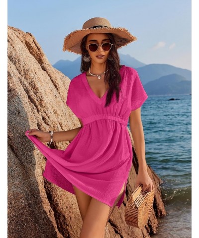 Bathing Suit Cover Ups for Women V Neck Swimsuit Cover Up Dress Bikini Beach Wear S-3XL Hot Pink $16.51 Swimsuits