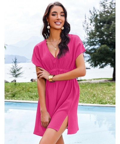 Bathing Suit Cover Ups for Women V Neck Swimsuit Cover Up Dress Bikini Beach Wear S-3XL Hot Pink $16.51 Swimsuits