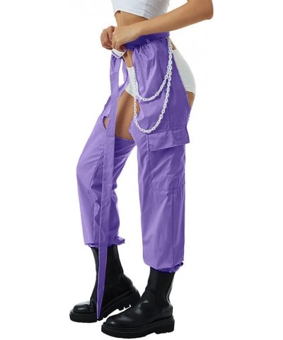 Women Fashion Cargo Pants High Rise Sweatpants Rave Reflective Pants Solid Color Color Block Purple 2 $12.46 Activewear