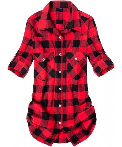 Womens Flannel Plaid Shirt Long Sleeve Roll Up Button Down Casual Shirts A Red&black $16.23 Blouses