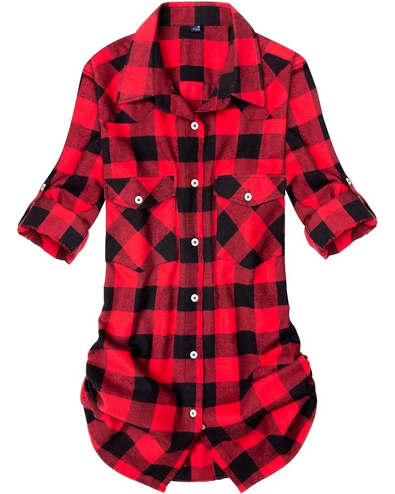 Womens Flannel Plaid Shirt Long Sleeve Roll Up Button Down Casual Shirts A Red&black $16.23 Blouses