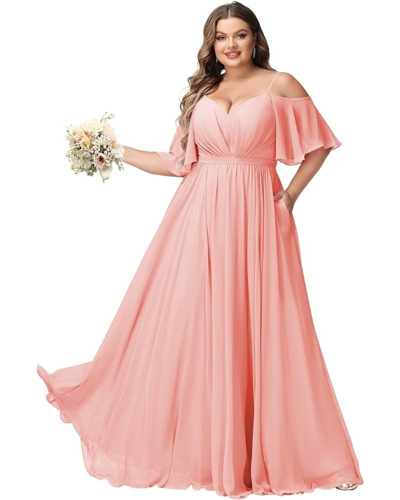 Elegant Women Plus Size Bridesmaid Dresses 2024 with Slit Cold Shoulder Chiffon Formal Party Dresses with Pockets RO020 Coral...