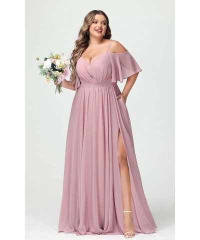 Elegant Women Plus Size Bridesmaid Dresses 2024 with Slit Cold Shoulder Chiffon Formal Party Dresses with Pockets RO020 Coral...